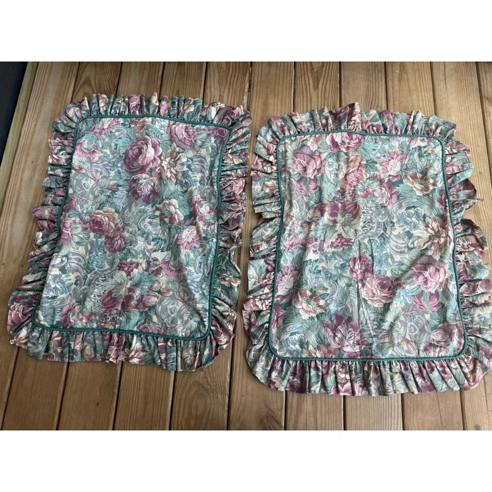 Vintage Floral Ruffled Pillow Shams Set of 2 Standard Cottage Granny Core